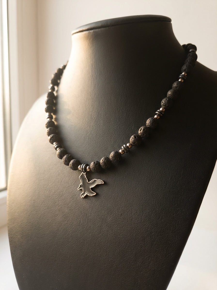 Lava Stone Necklace with Bronze Eagle Charm