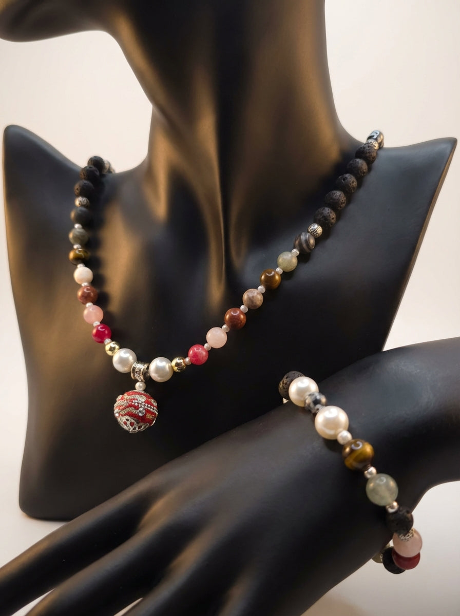Handcrafted Gemstone & Pearl Beaded Necklace with Ornate Red Pendant