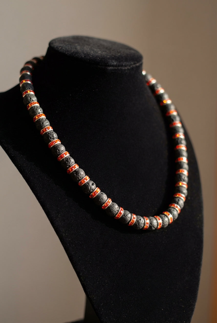 Lava Stone Necklace with Red Crystal Spacers