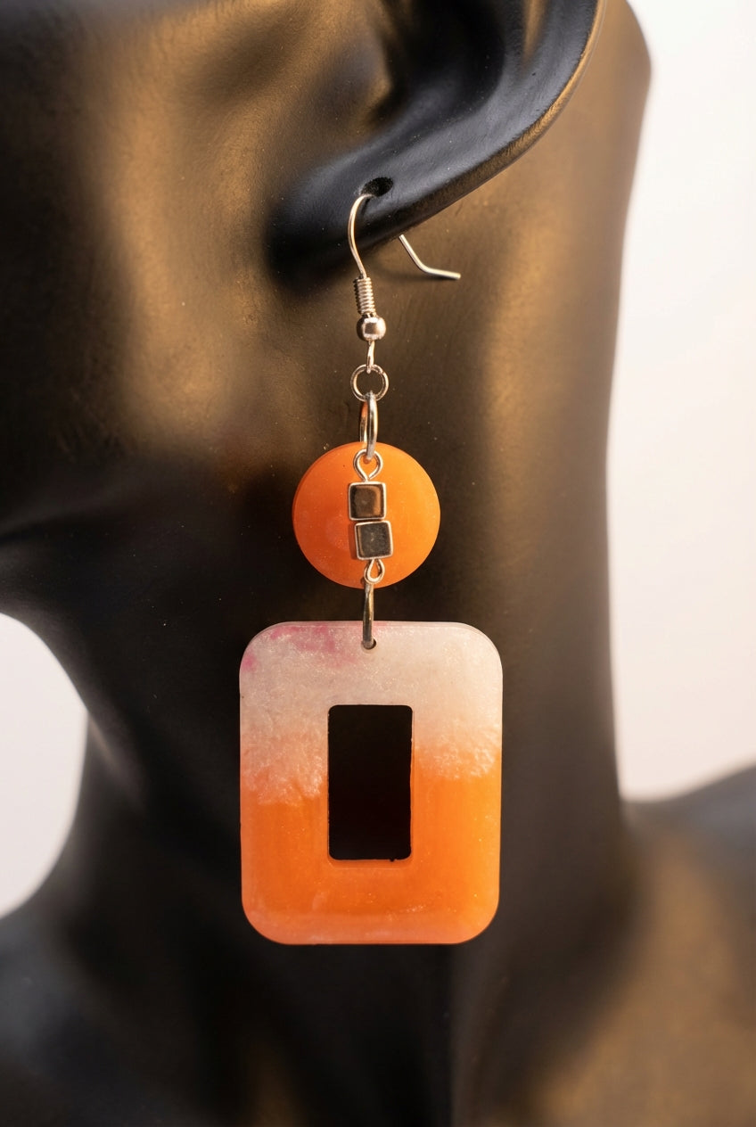 Orange & White Resin Drop Earrings with Glitter