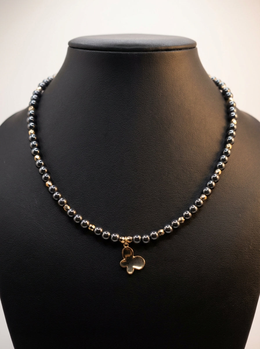 Hematite Bead Necklace with Gold-Tone Clover Charm