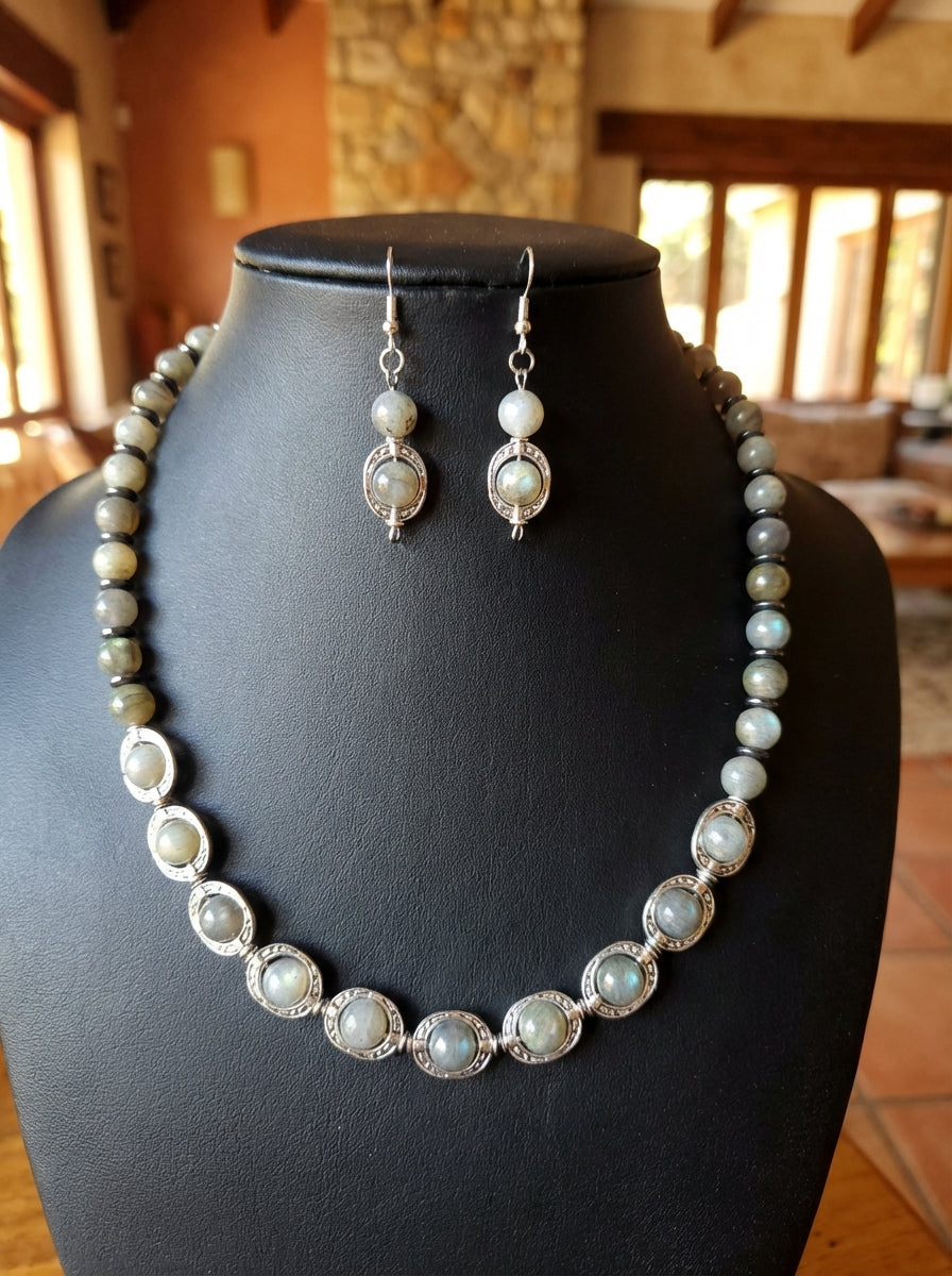 Labradorite Necklace and Earrings Set with Silver-Tone Settings