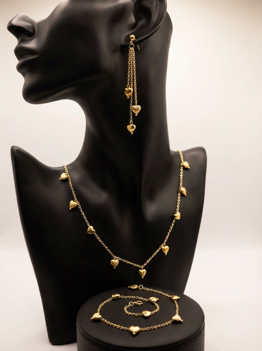 Gold-Plated Heart Charm Jewelry Set - Necklace, Bracelet & Earrings