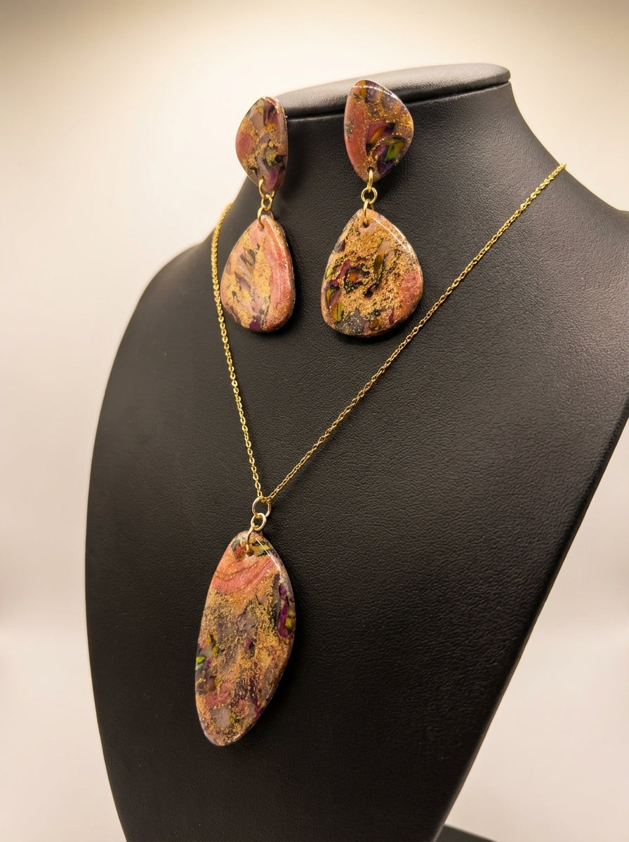 Handcrafted Metallic Pink and Gold Pendant and Earrings Set