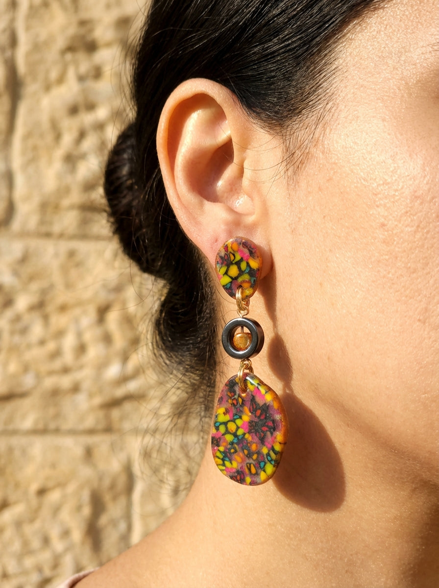 Multicolour Clay Statement Earrings with Hematite & Freshwater Pearls