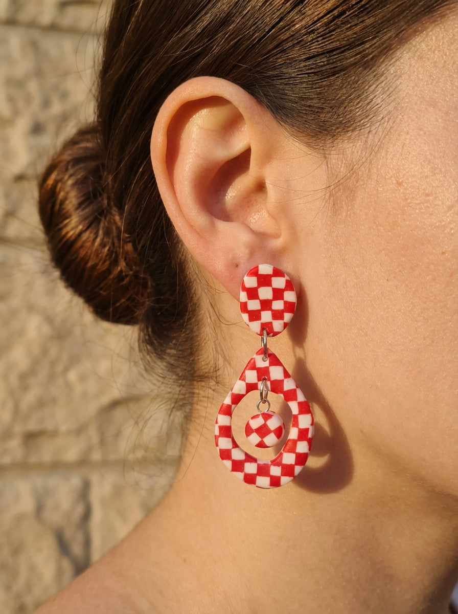 Handcrafted Red & White Checkerboard Clay Statement Earrings
