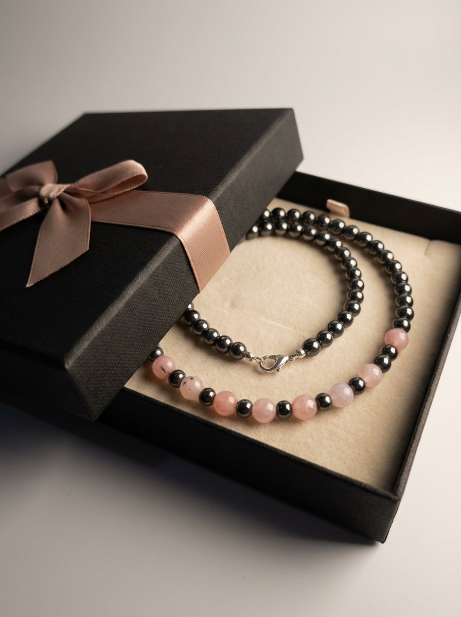 Rose Quartz & Hematite Handmade Necklace – Love, Grounding & Balance