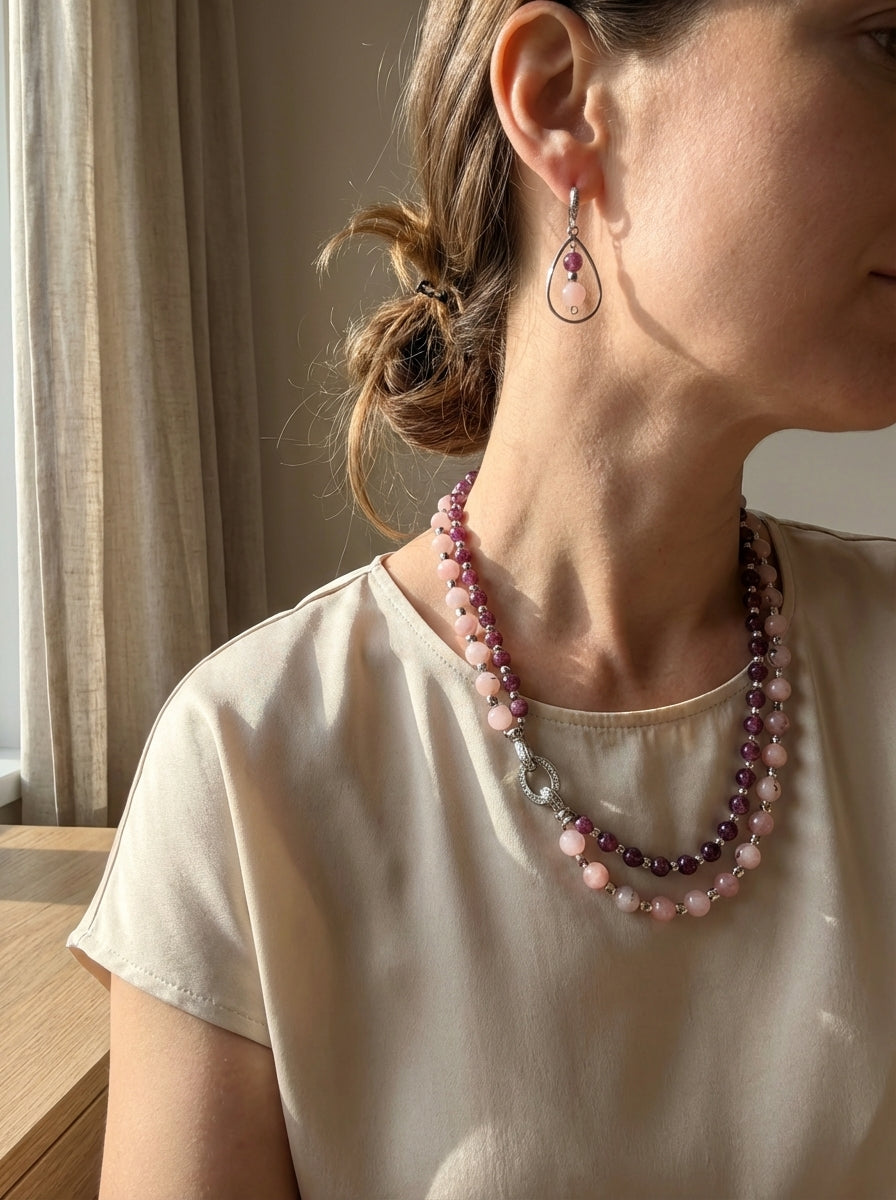 Genuine Purple Lepidolite and Pink Opal Double Layer Necklace and Earrings Set