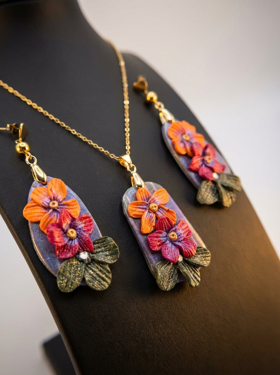Artisan Orange and Dark Red Floral Necklace and Earrings Set