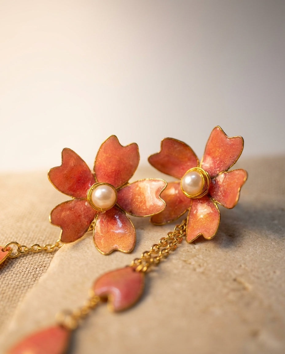 Artisan Rose Pink Metallic Petal Dangle Earrings