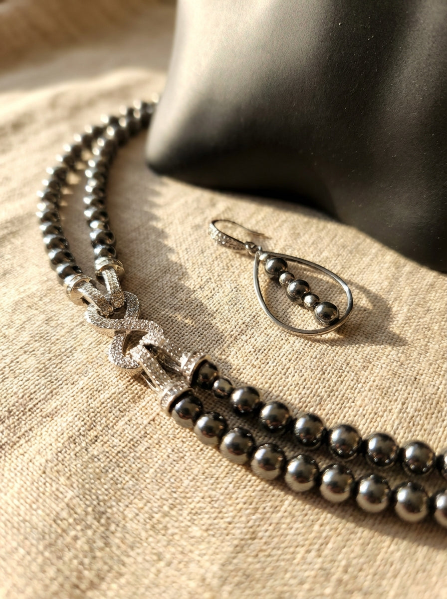 Hematite & Silver Necklace and Earrings Set