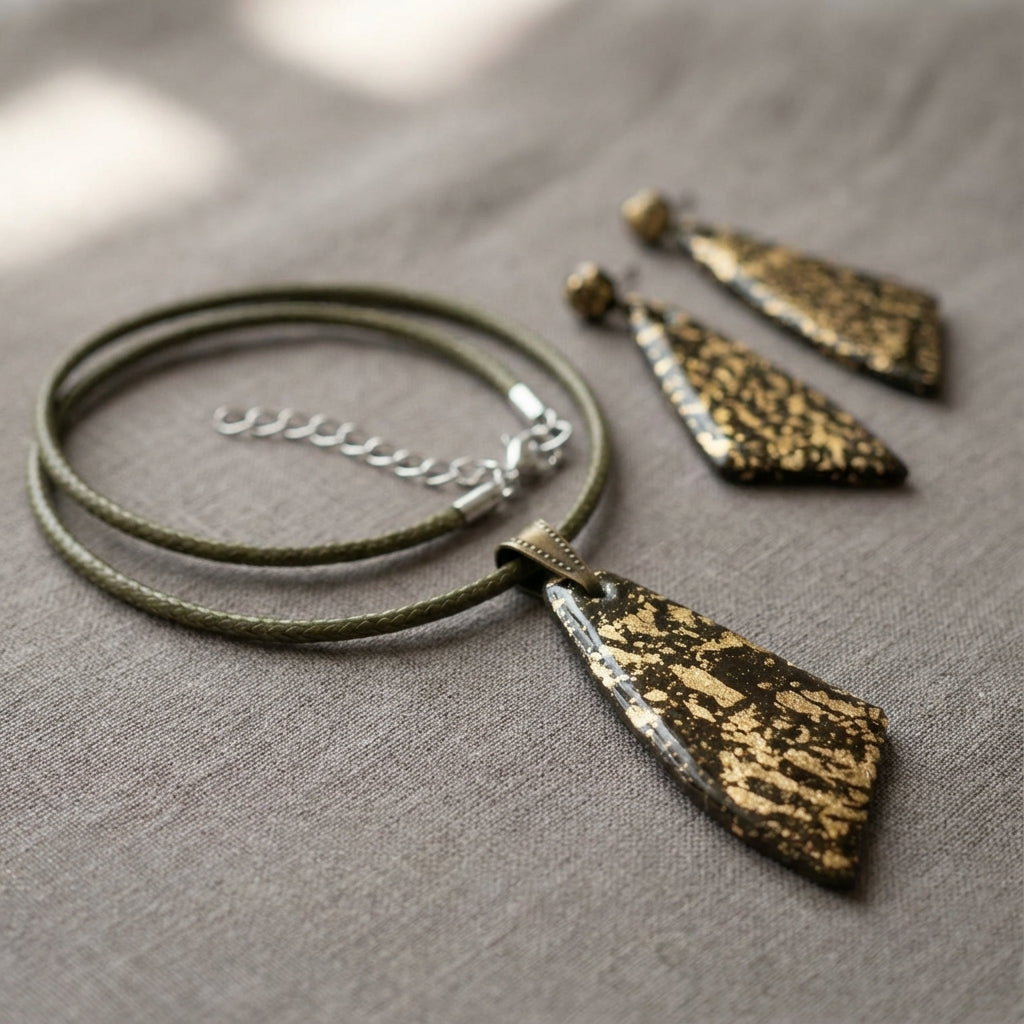 Luxe Olive Green and Gold Metallic Necklace with Matching Earrings