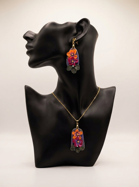 Artisan Orange and Dark Red Floral Necklace and Earrings Set