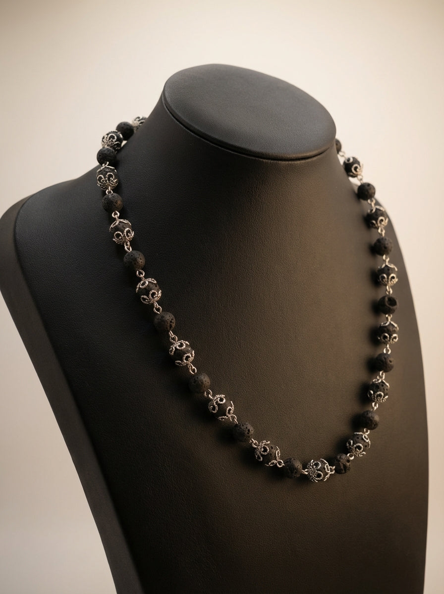Genuine Lava Stone Necklace with Silver Accents
