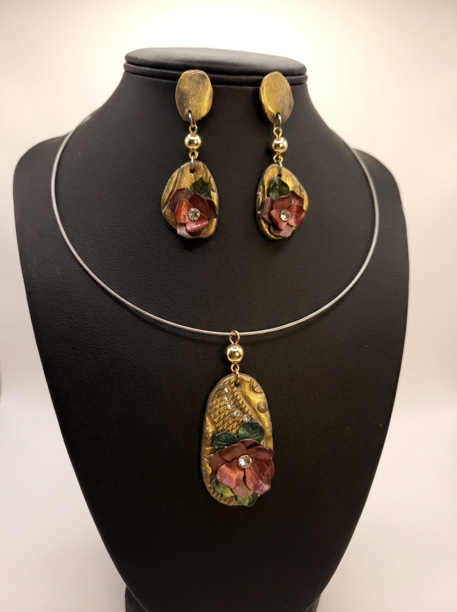 Handcrafted Clay Floral Necklace & Earrings Set with Gold Accents