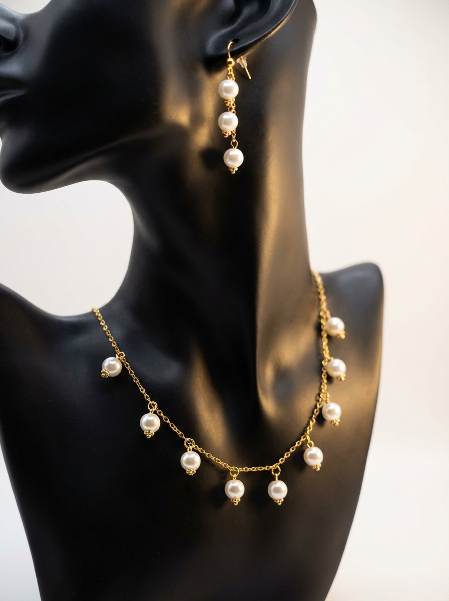 Gold Plated Pearl Drop Necklace and Earrings Set