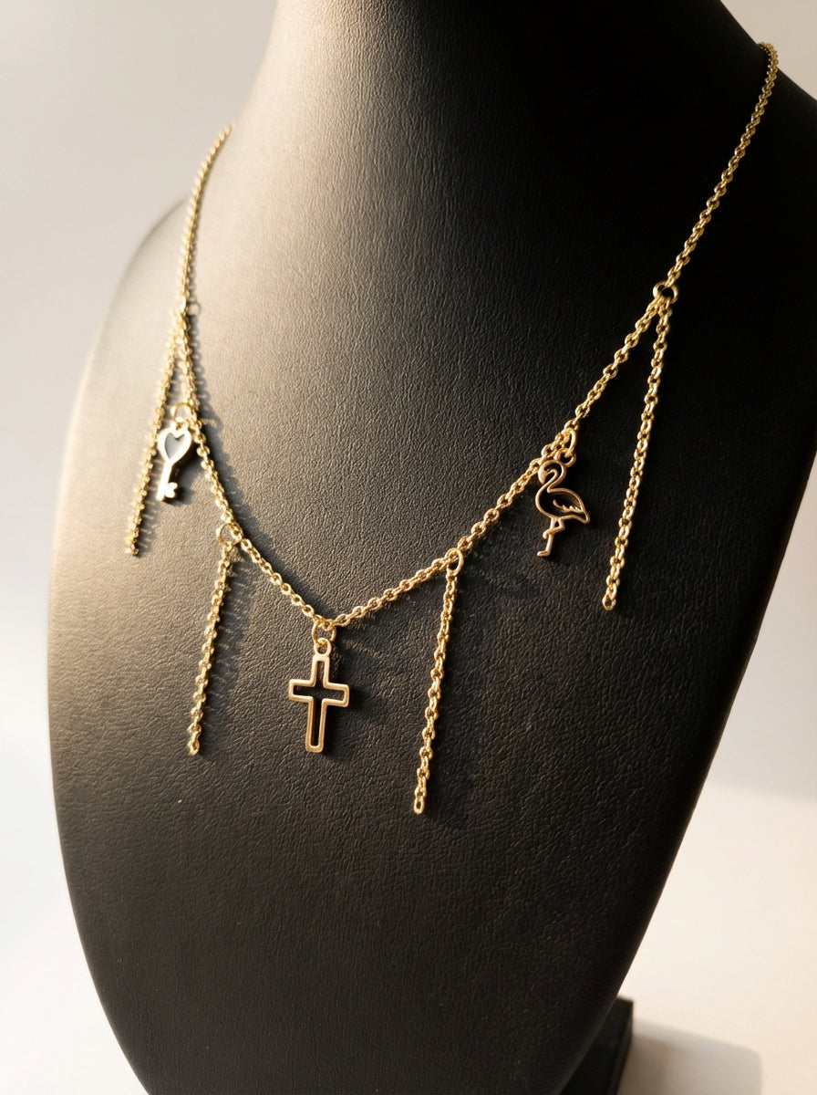 Gold-Plated Cross Charm Necklace with Cascading Chain Tassels