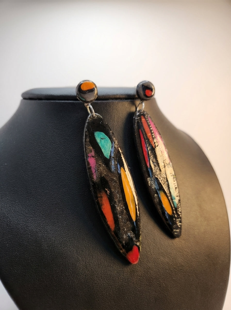 Long Earrings with Metallic Black, Orange, Red and Teal Accents