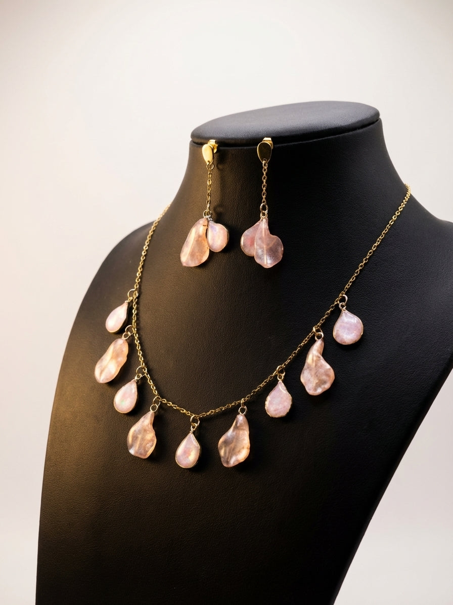 Blush Teardrop Resin Jewellery Set Necklace and Drop Earrings