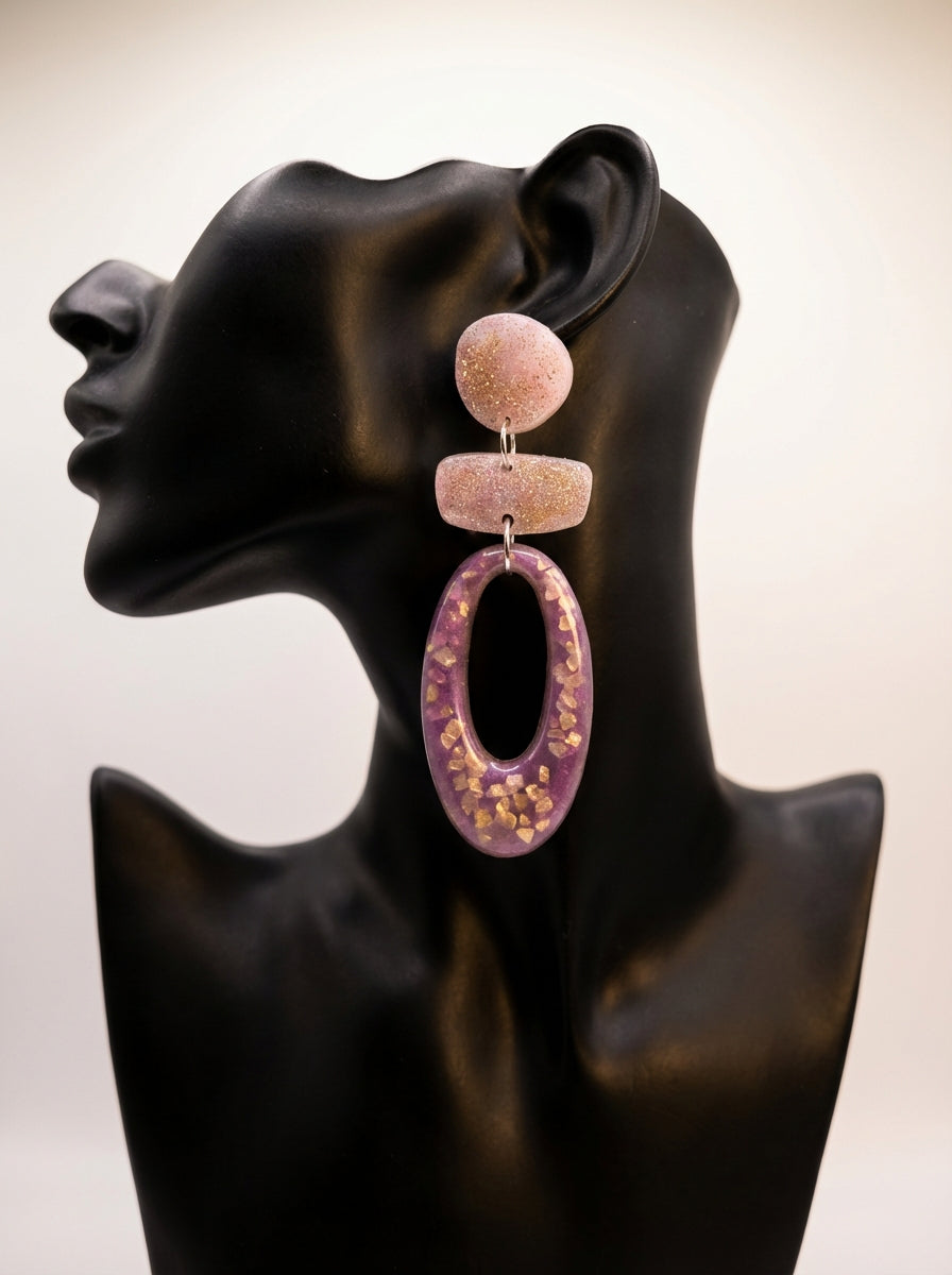 Lavender & Pink Resin Statement Earrings with Gold Flakes