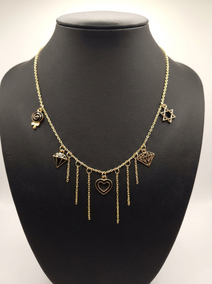 Gold-Plated Charm Necklace with Cascading Chains & Mixed Symbols