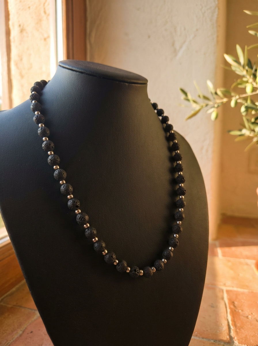 Lava Stone &amp; Silver Acrylic Beaded Necklace