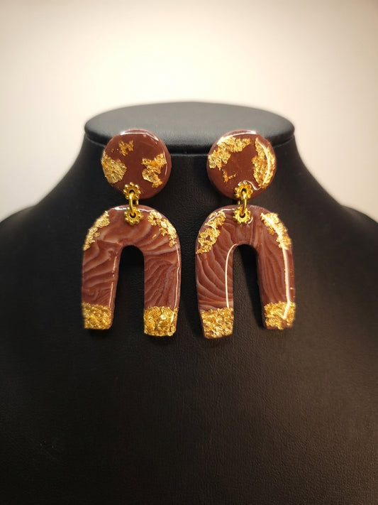 Chocolate & Gold Clay Arch Earrings – Handmade Statement Earrings