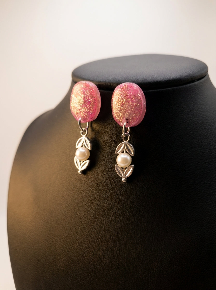 Pink Resin & Pearl Earrings with Silver Colour Heart Details