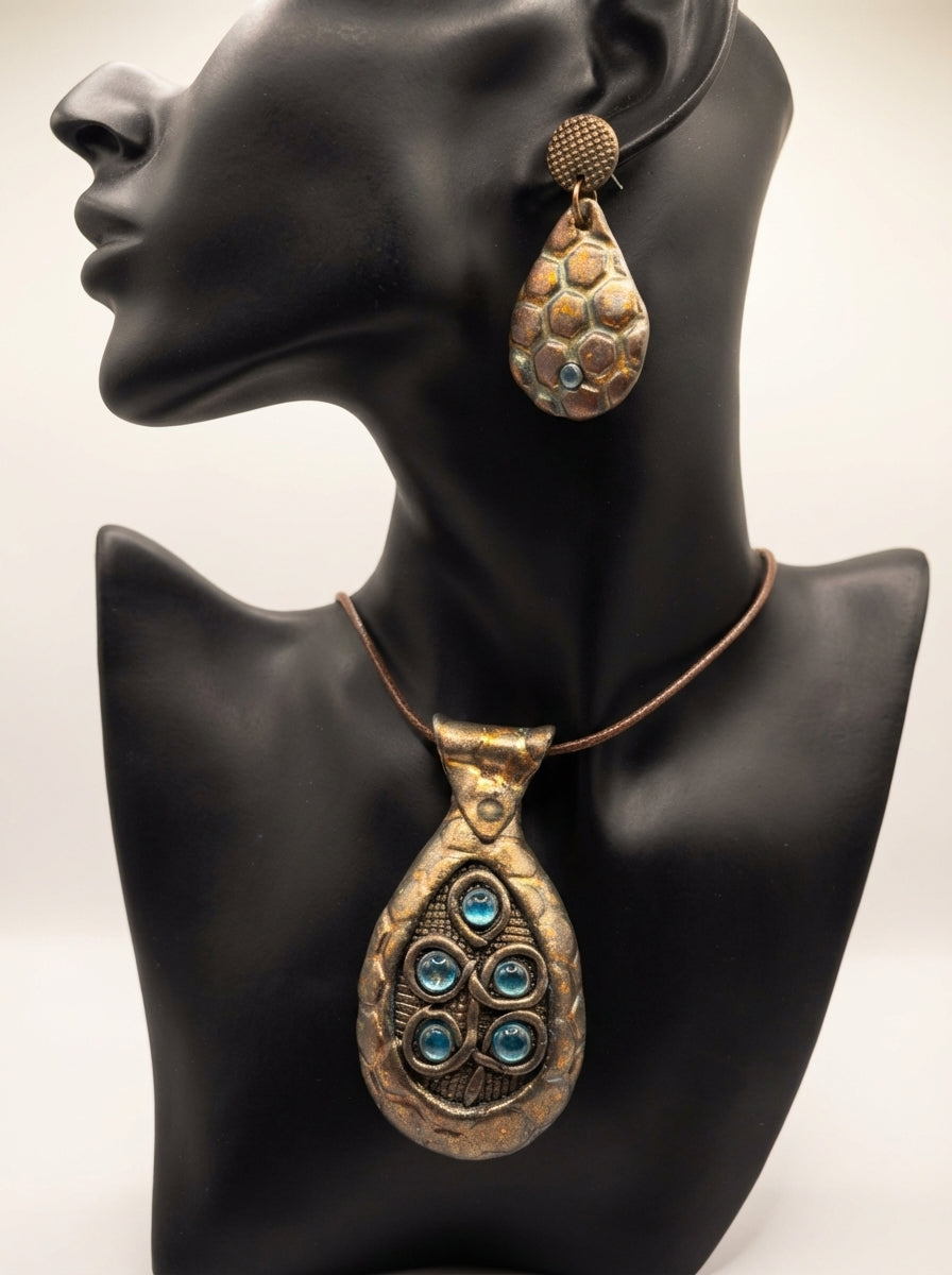 Textured Metallic Bronze Necklace and Drop Earrings Set