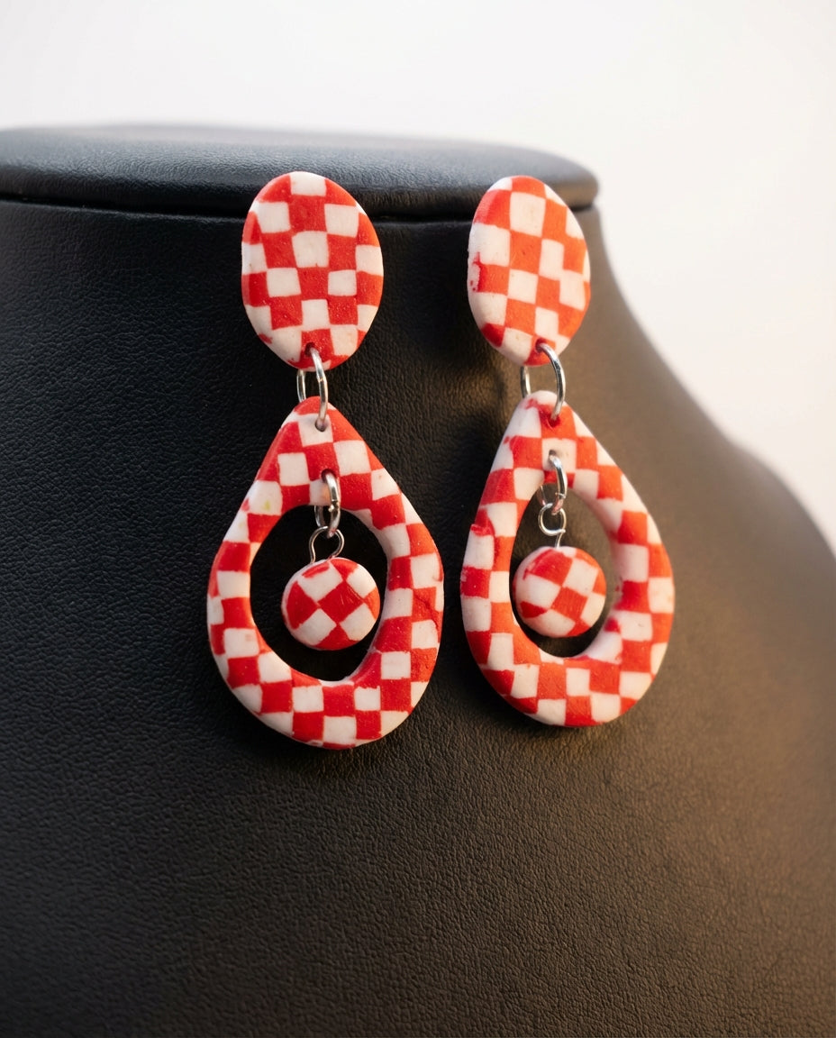 Handcrafted Red & White Checkerboard Clay Statement Earrings