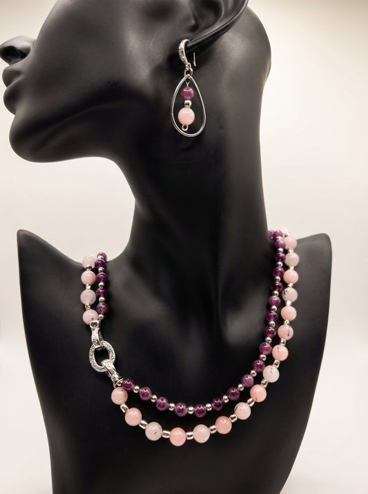 Genuine Purple Lepidolite and Pink Opal Double Layer Necklace and Earrings Set