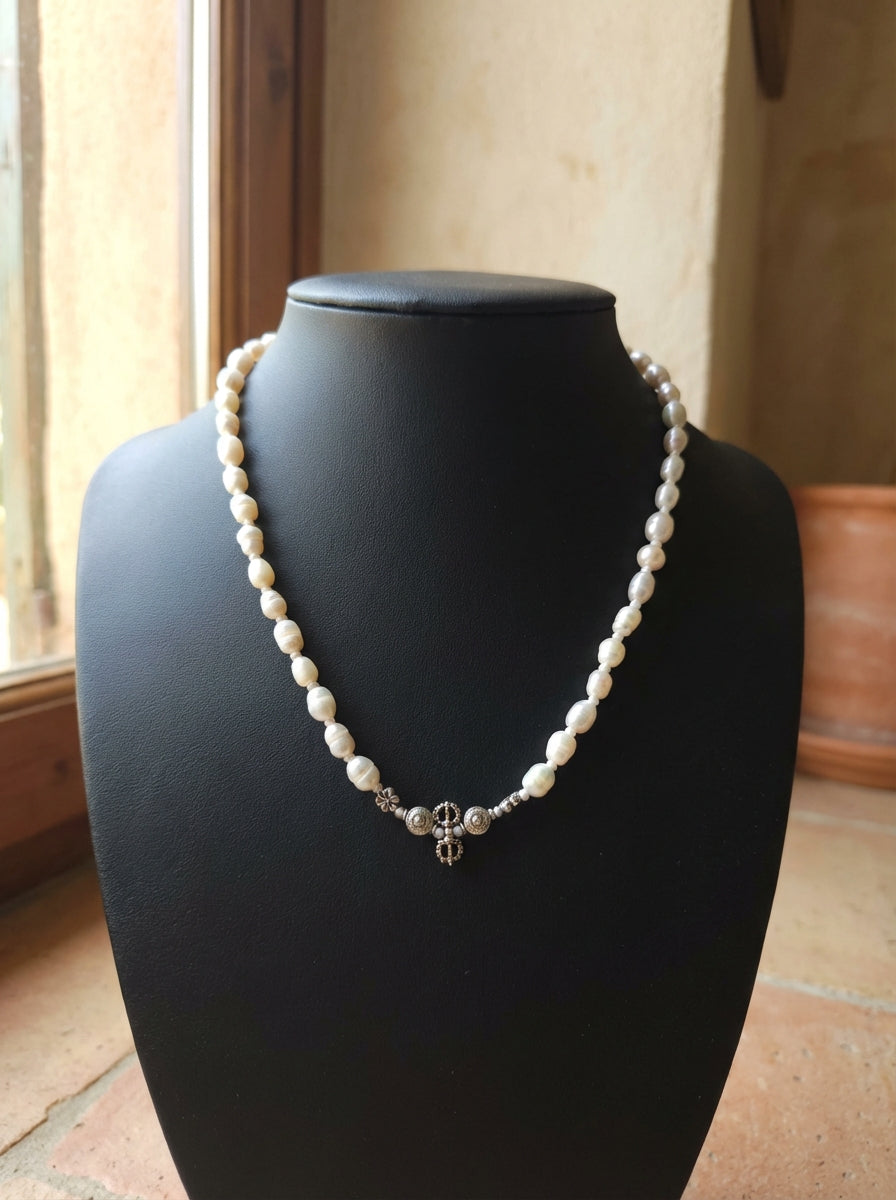Freshwater Pearl Necklace with Silver Floral Accents