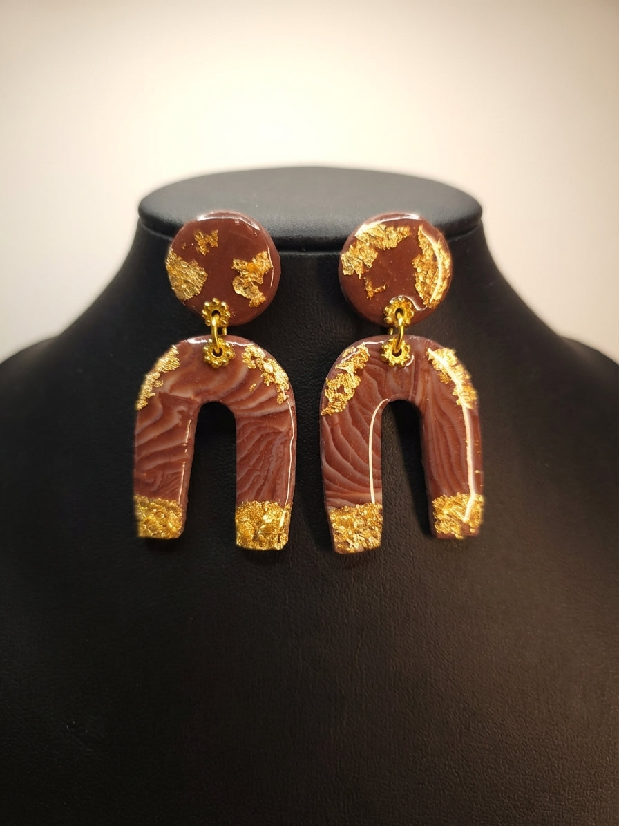 Chocolate & Gold Clay Arch Earrings – Handmade Statement Earrings