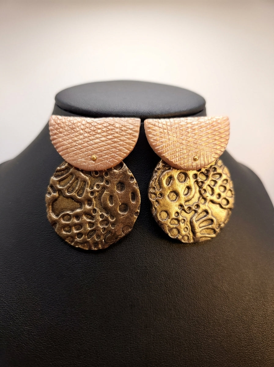 Rose Pink Metallic and Gold Textured Disc Earrings