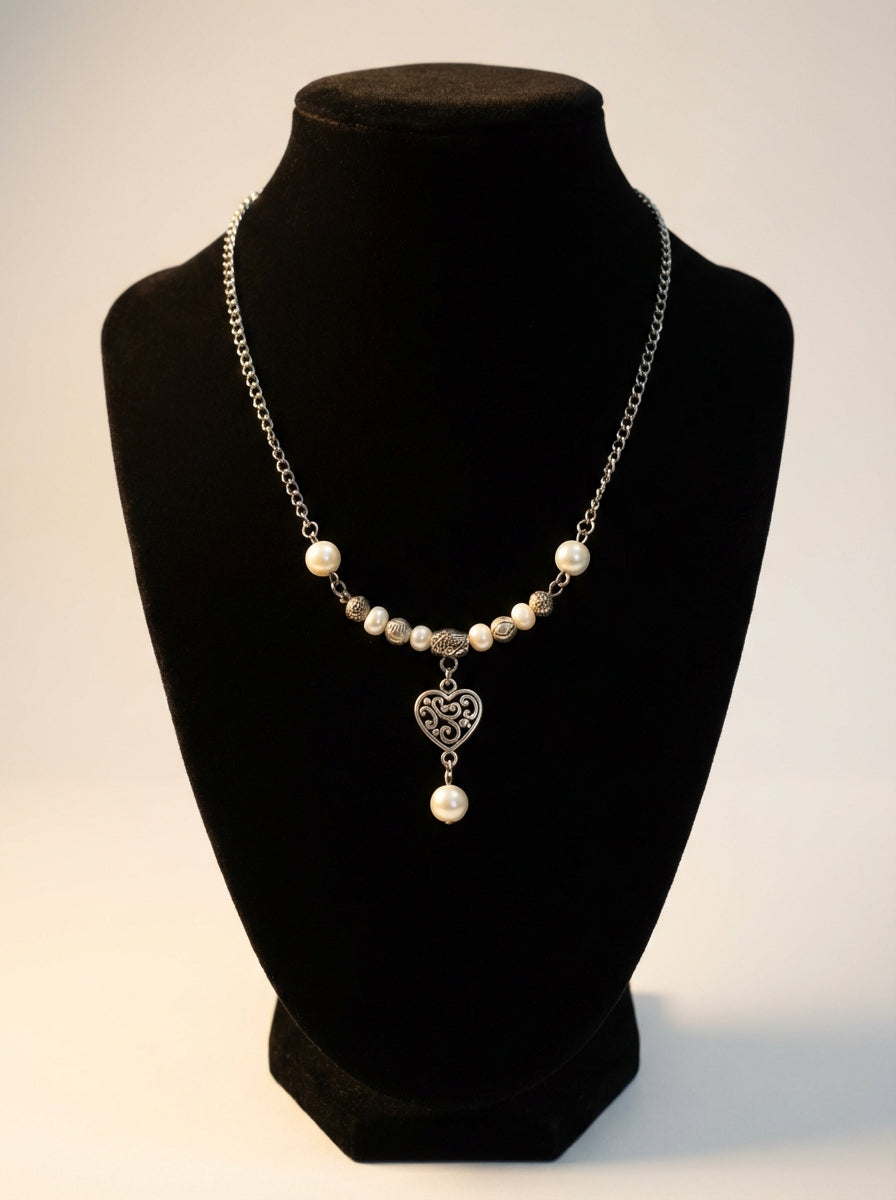 Freshwater Pearls & Filigree Heart Necklace - Silver Tone