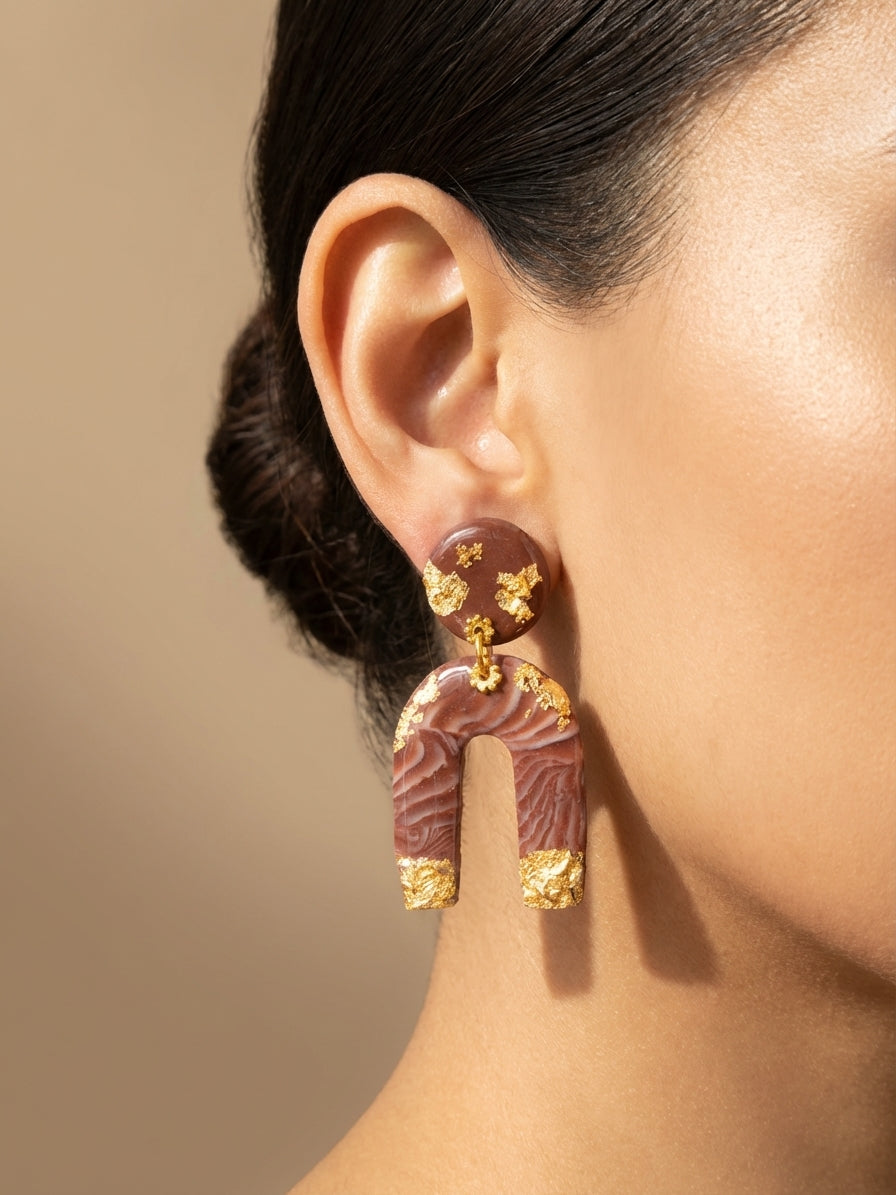Chocolate & Gold Clay Arch Earrings – Handmade Statement Earrings