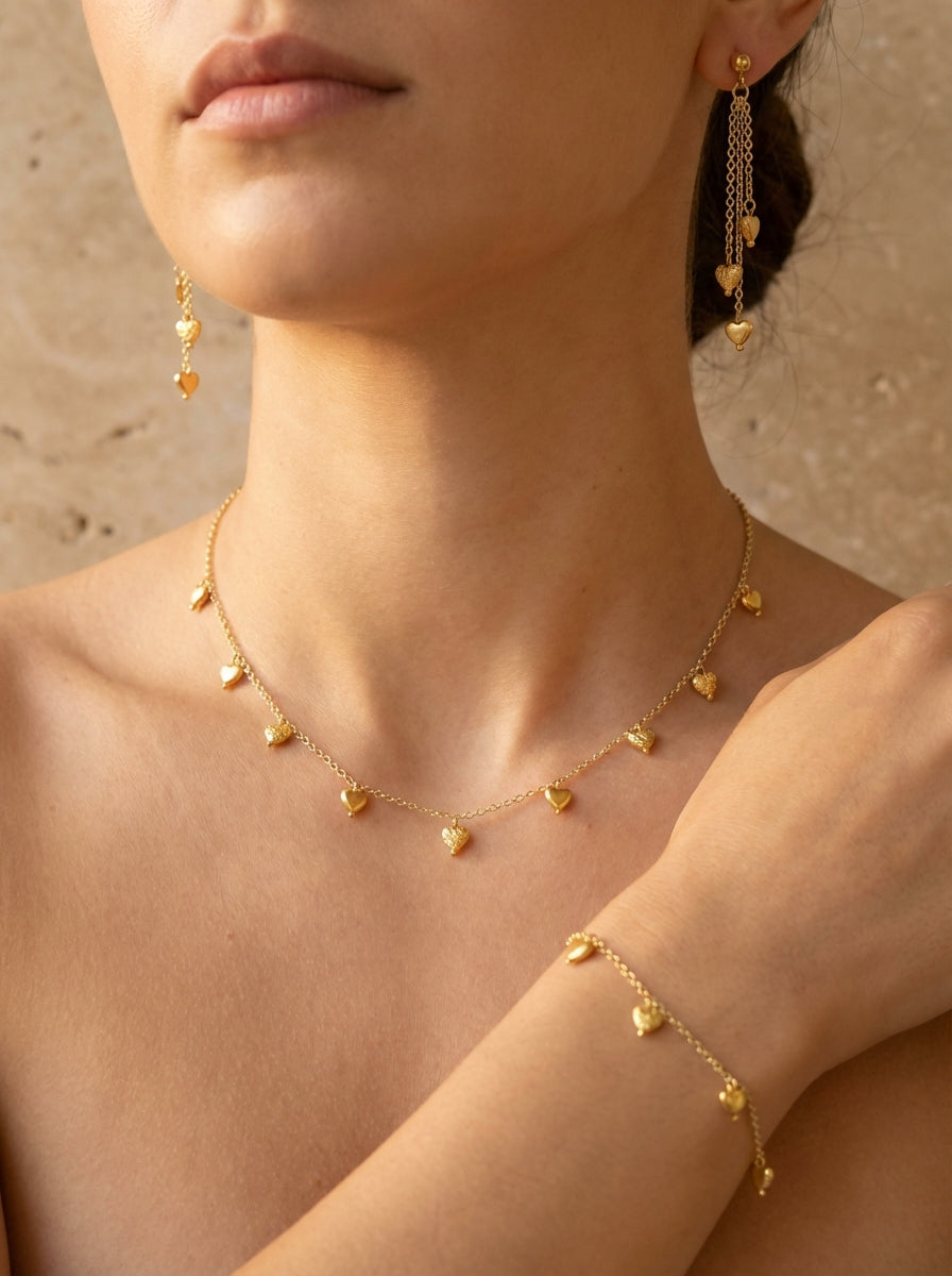 Gold-Plated Heart Charm Jewelry Set - Necklace, Bracelet & Earrings