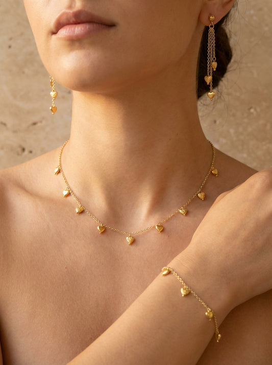 Gold-Plated Heart Charm Jewelry Set - Necklace, Bracelet & Earrings