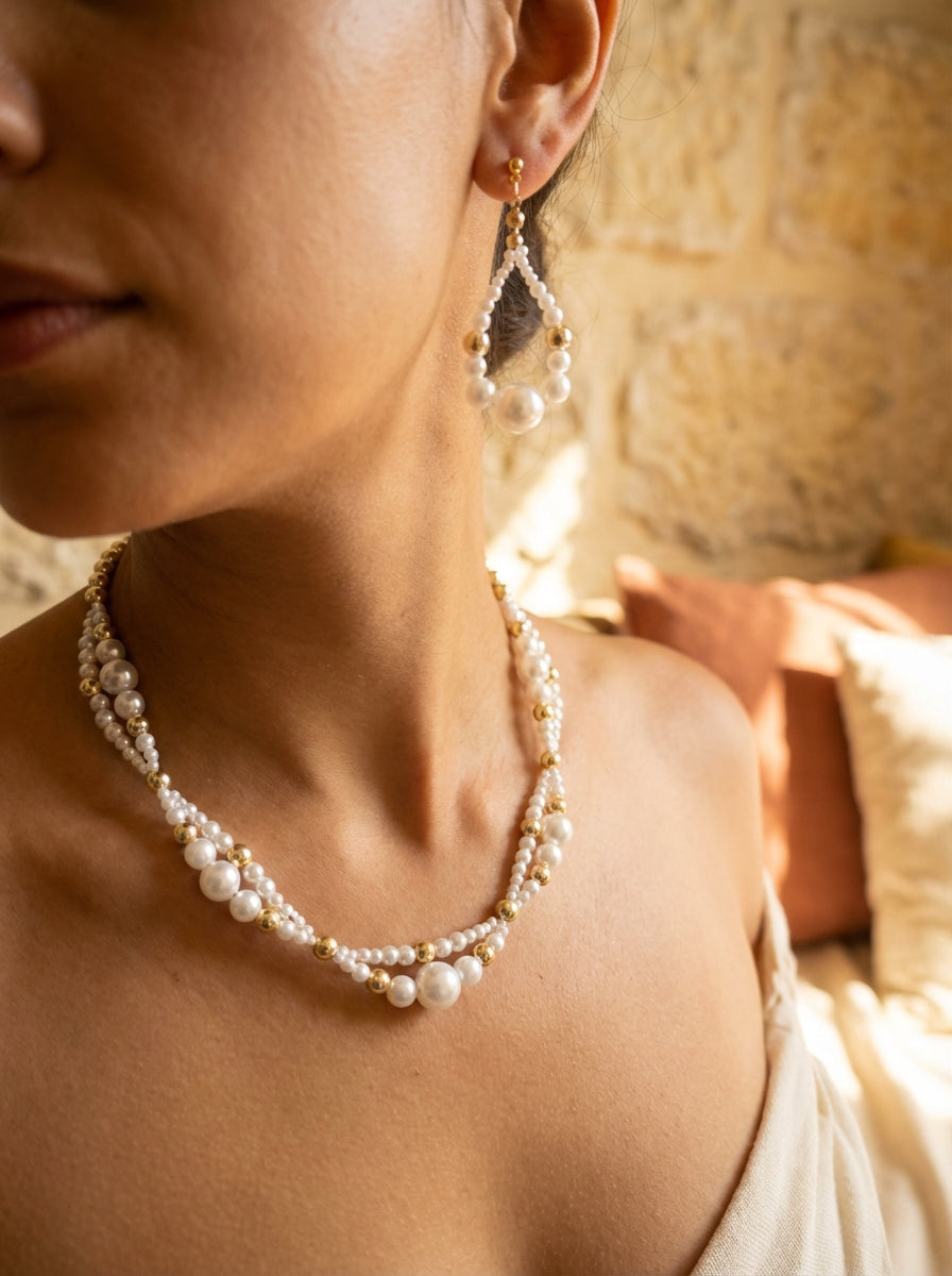 Pearl & Gold Hematite Necklace and Earrings Set