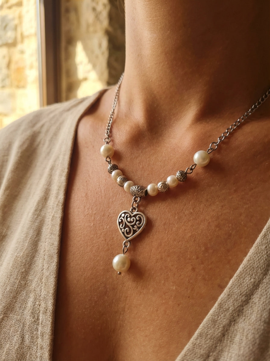 Freshwater Pearls & Filigree Heart Necklace - Silver Tone