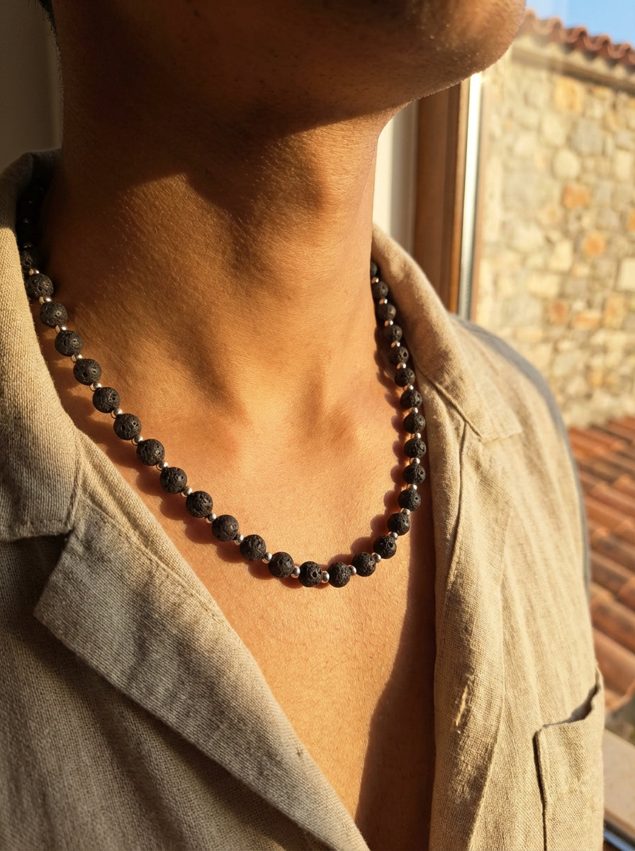 Lava Stone &amp; Silver Acrylic Beaded Necklace