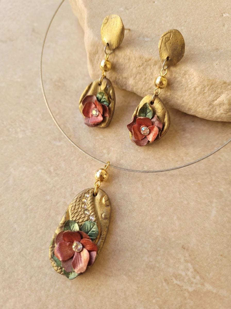 Handcrafted Clay Floral Necklace & Earrings Set with Gold Accents