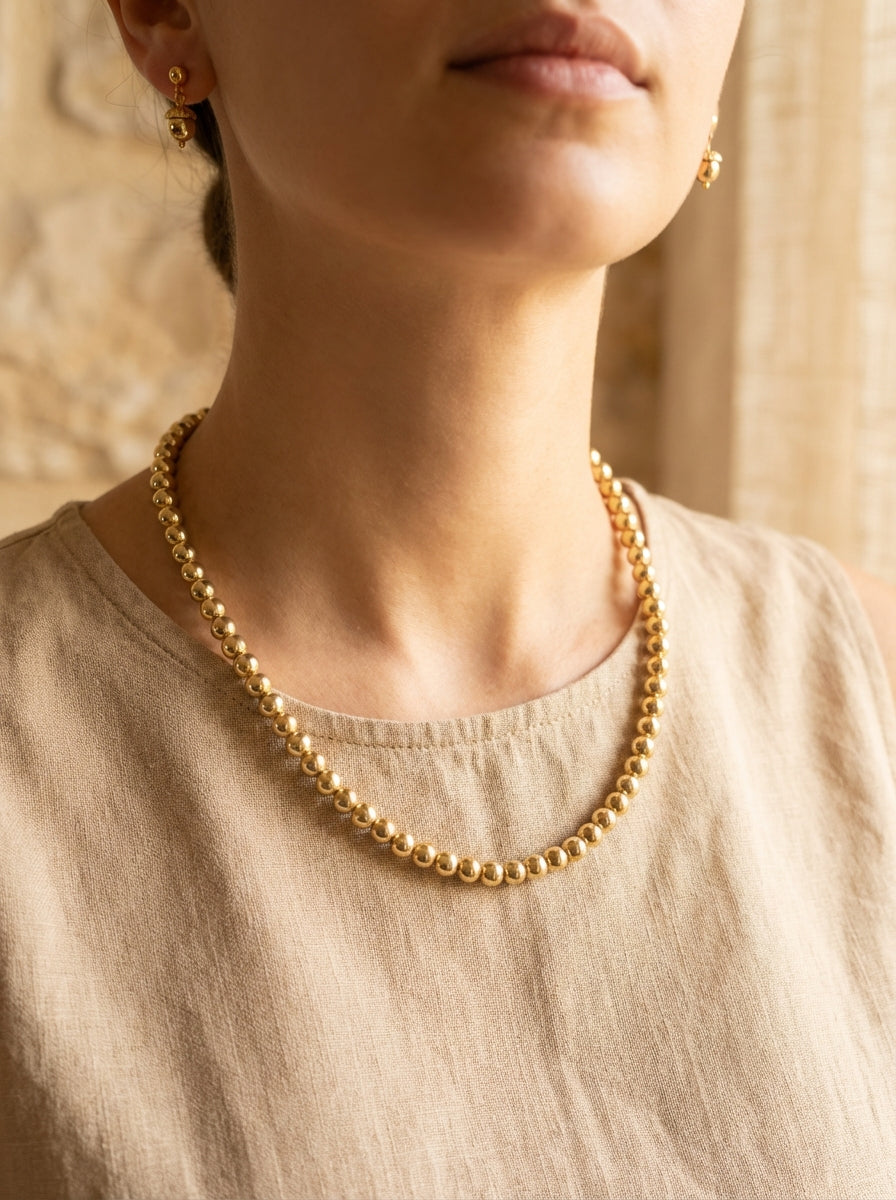 Gold-Plated Beaded Necklace and Stud Earrings Set