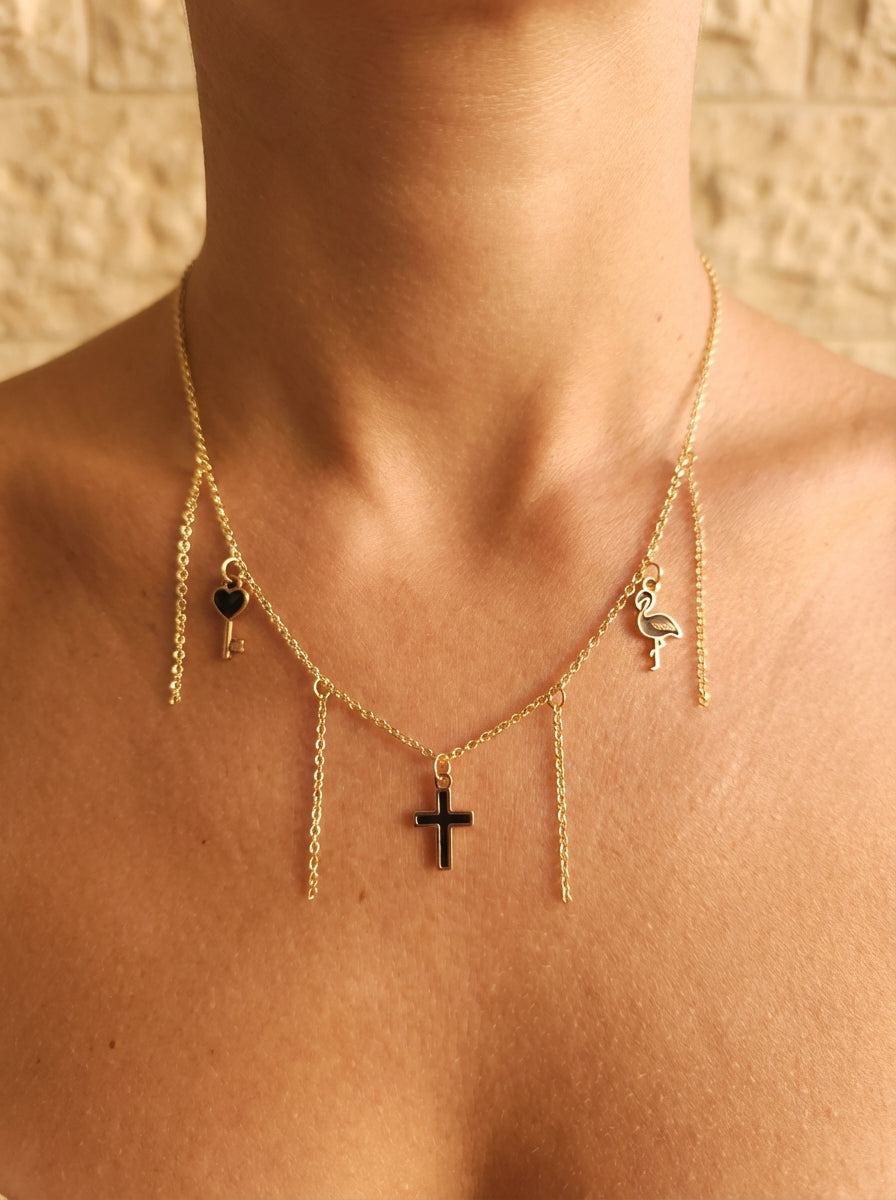 Gold-Plated Cross Charm Necklace with Cascading Chain Tassels