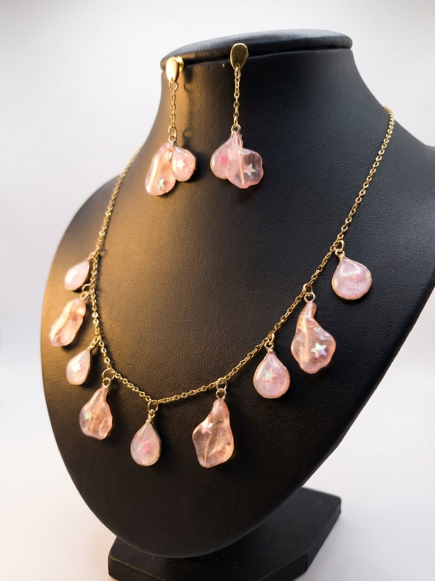 Blush Teardrop Resin Jewellery Set Necklace and Drop Earrings