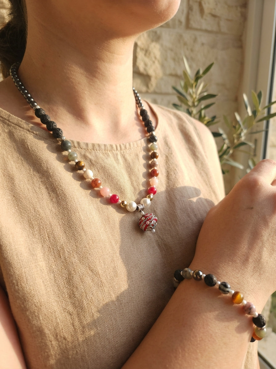 Handcrafted Gemstone & Pearl Beaded Necklace with Ornate Red Pendant