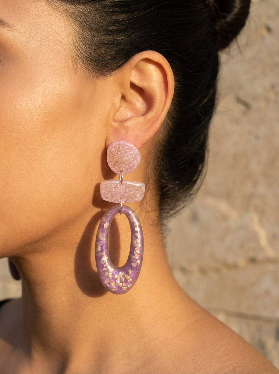 Lavender & Pink Resin Statement Earrings with Gold Flakes