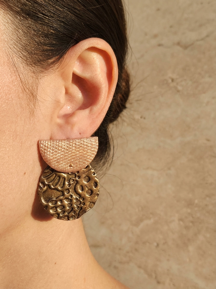 Rose Pink Metallic and Gold Textured Disc Earrings