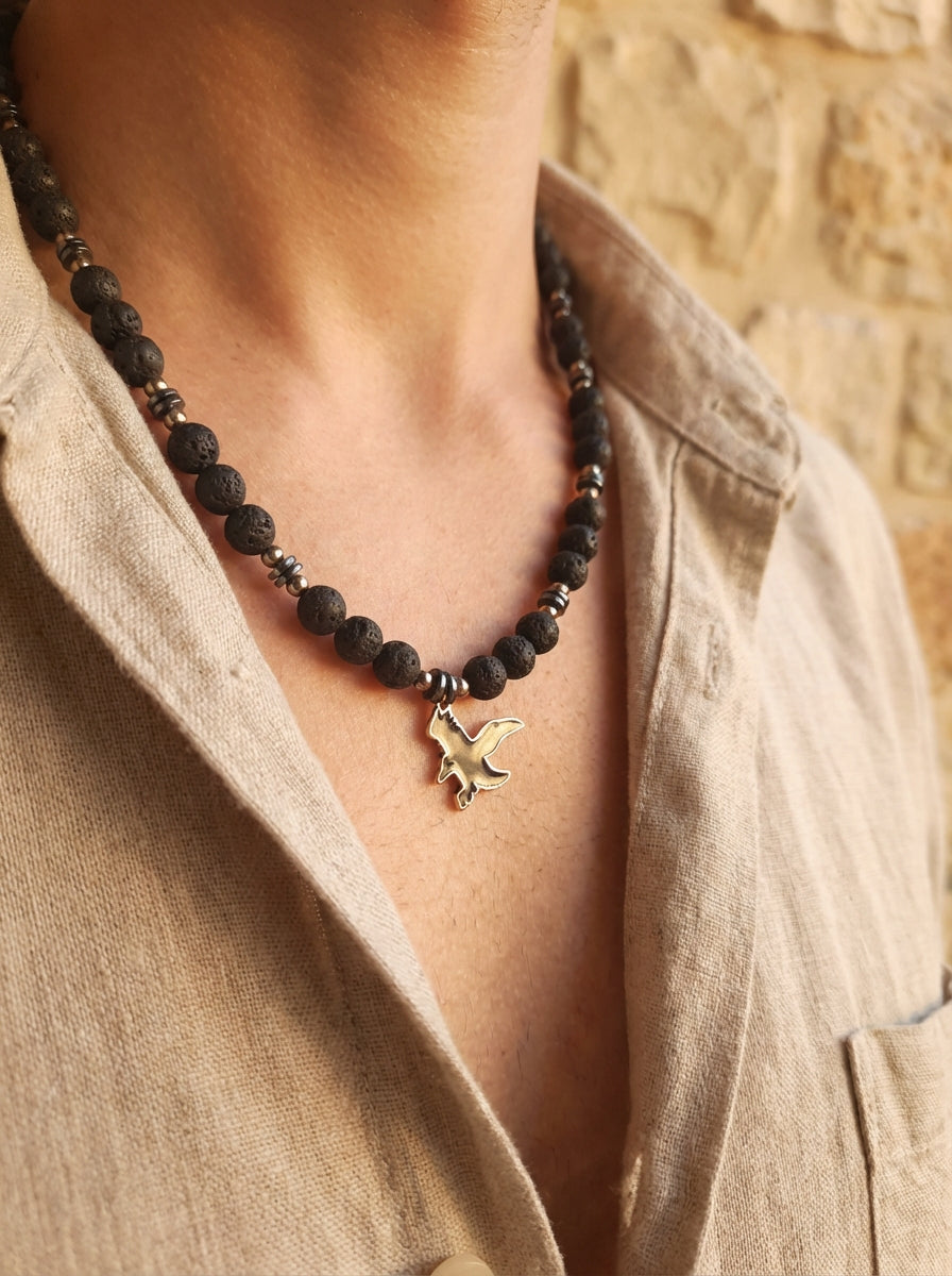 Lava Stone Necklace with Bronze Eagle Charm