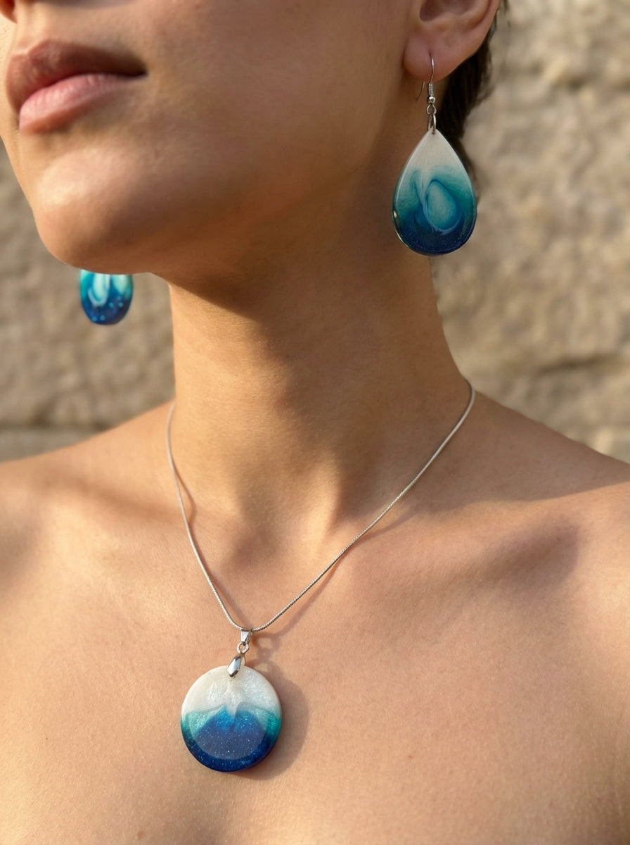Ocean Wave Effect Pendant and Teardrop Earrings Set